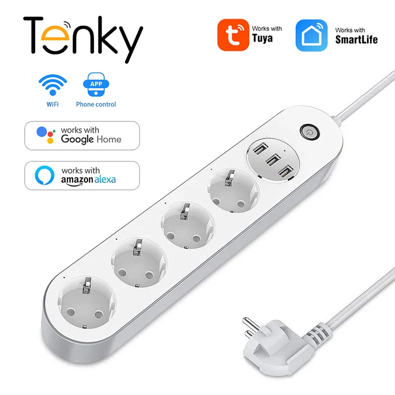 

WiFi Smart Power Strip 4 EU Outlets Plug with 3 USB Charging Port Timing App Voice Control Work with Alexa Google Home Assistant
