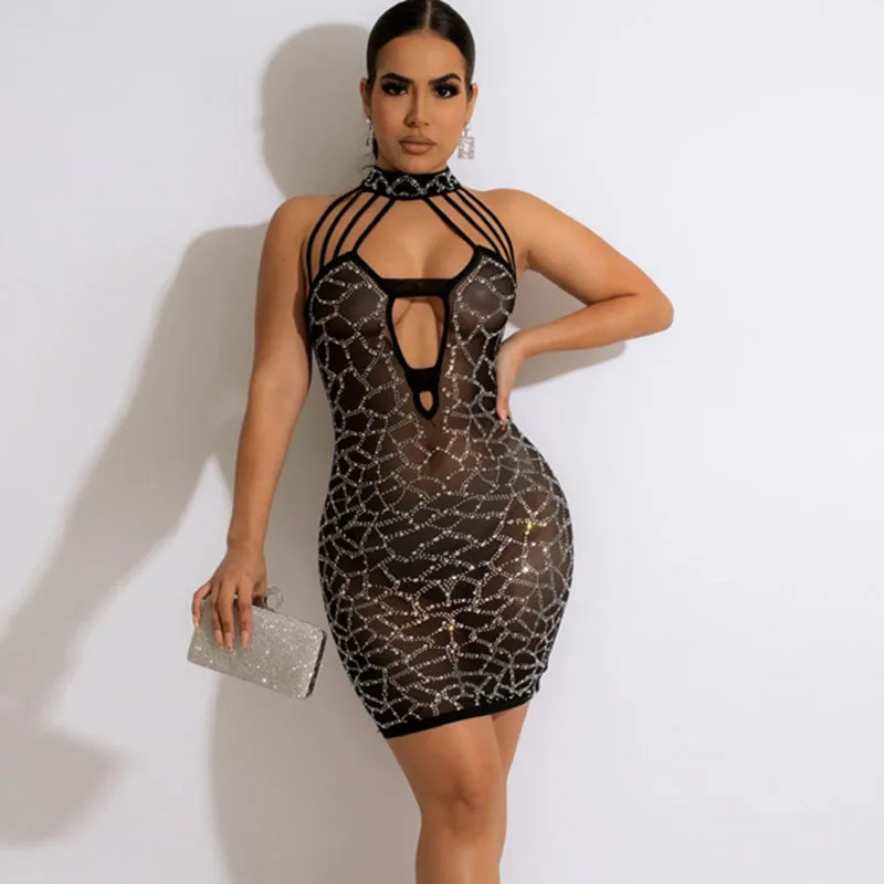 

Diamond Glitter Crystal Dress Women Elegance Nightclub Black Bodycon Dress Sexy Off Shoulder Halter Backless Mini Party Dresses