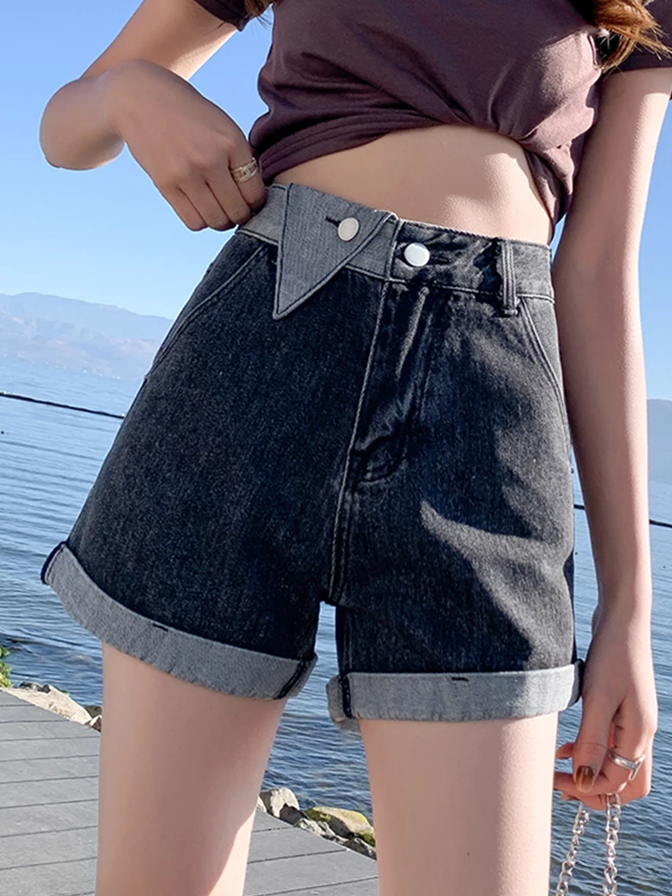 Streetwear Women Asymmetrical Loose High Waist Denim Shorts Spring Summer Female Button Retro Jeans Shorts Bottoms
