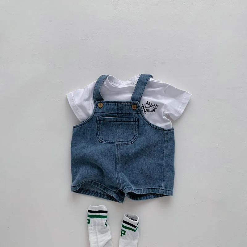 

2023 Summer Bebe Sets Toddler Baby Girl Clothes Suit Infant Tee and Denim Overall Baby Boy Clothes Outfit