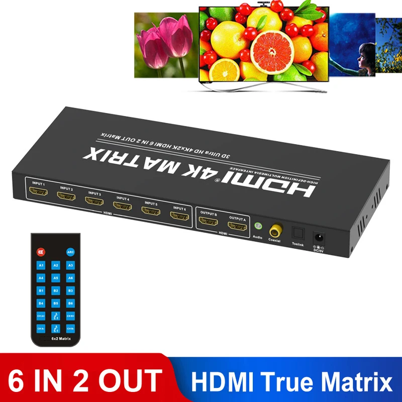 

4K 6x2 Matrix 6 IN 2 OUT HDMI Switch Splitter 4x2 2x2 HDMI Matrix Video Converter Audio Extractor Laptop PC To Two TV Monitors