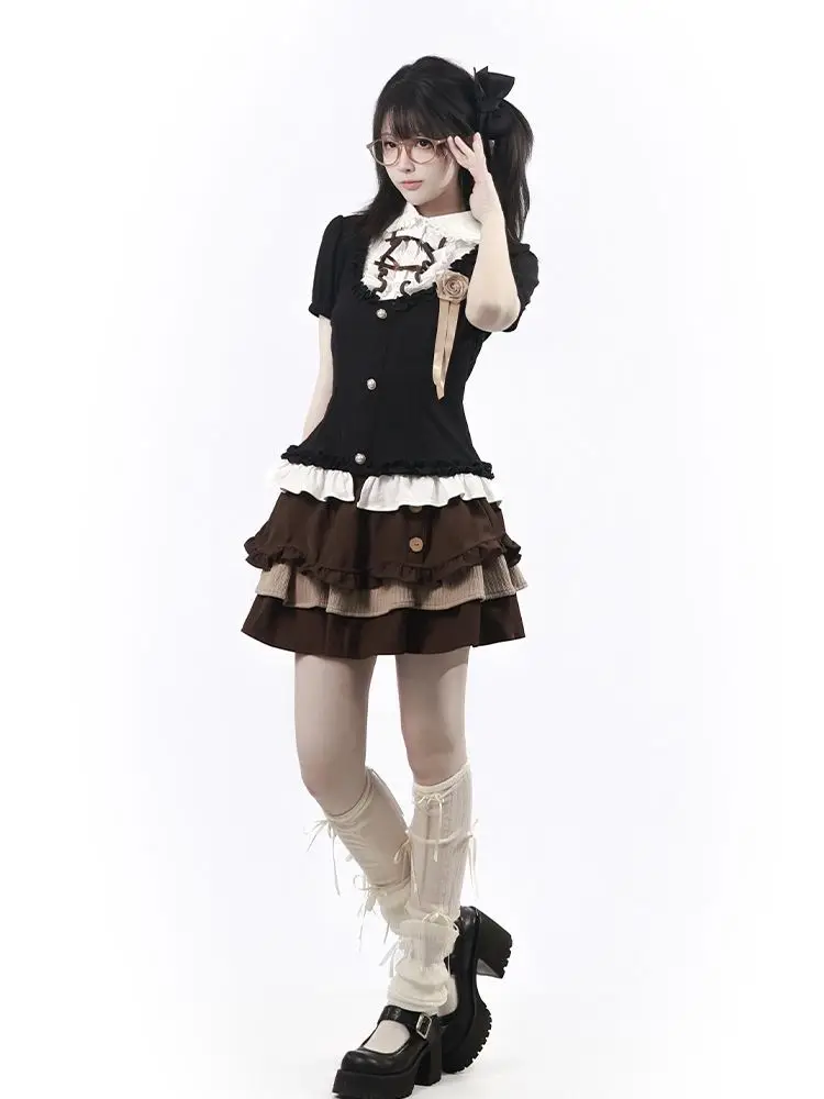 Фото Комплект из 2 предметов в стиле Sweet Lolita Kawaii: женская юбка-тортик с пышными рукавами, бантом, высокой талией и оборками, японская повседневная мода №2