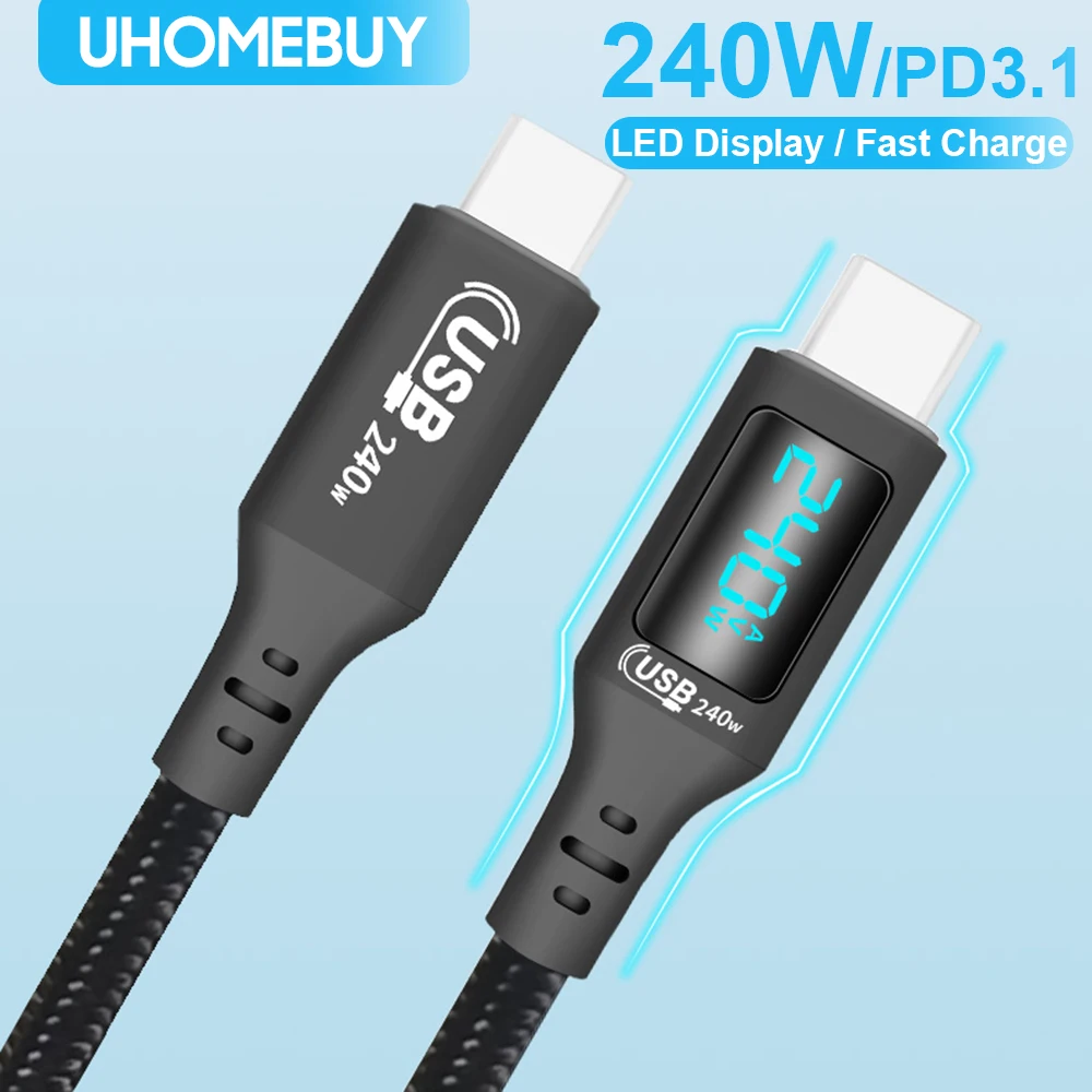 PD 240 Вт Type-C USBC-кабель для быстрой зарядки передачи данных со светодиодным