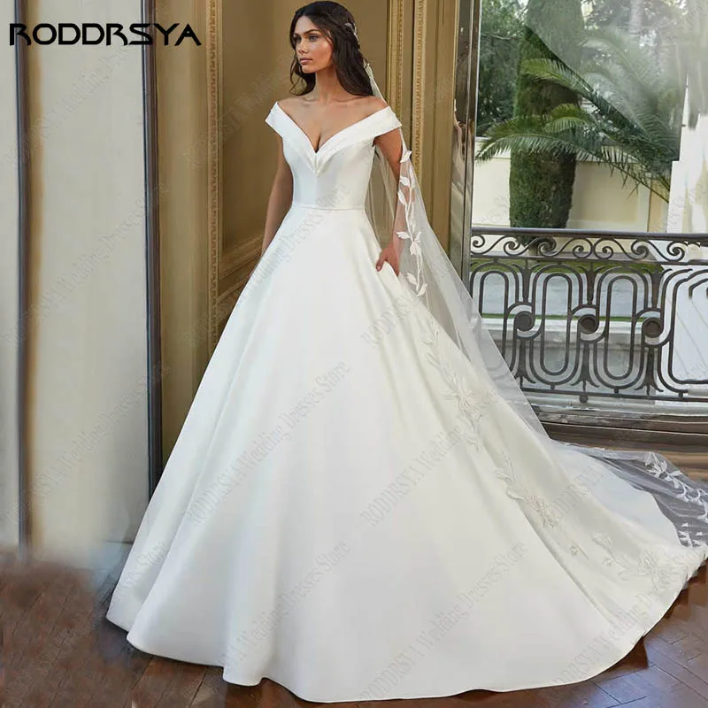 RODDRSYA Satin Off Shoulder Wedding Dresses V-Neck Bridal Party Gowns High Back Buttons vestidos de novia sencillos Modern