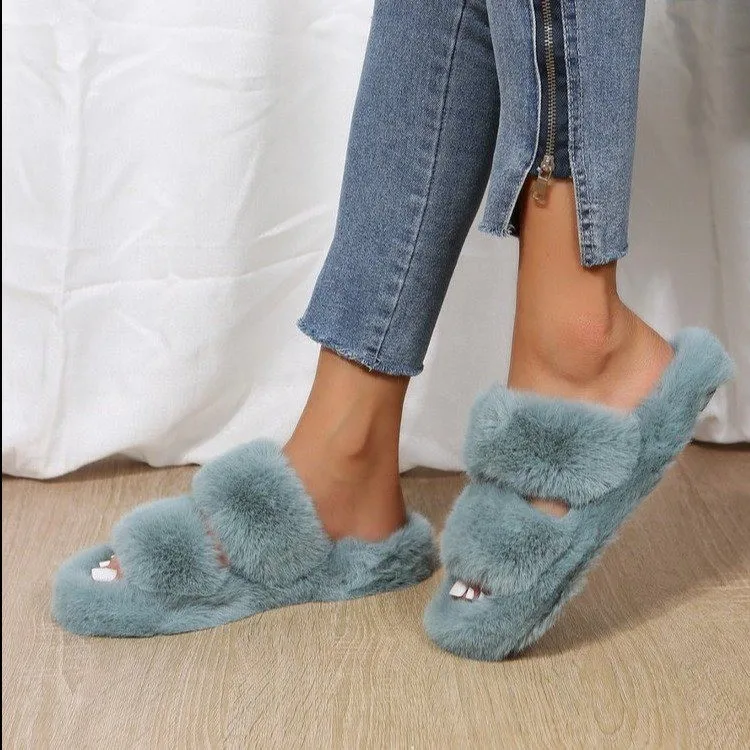 Winter House Women Fur Slippers Fashion Cross Band Warm Plush Ladies Fluffy Shoes Cozy Open Toe Indoor Fuzzy Slides For Girls
