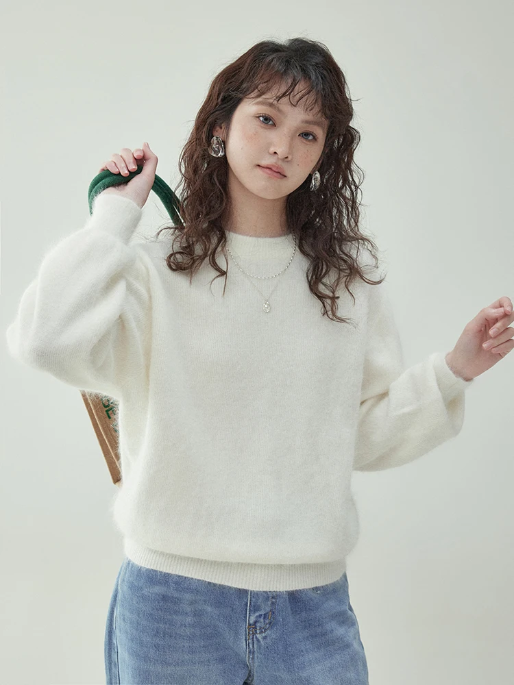 &quotNorth Island Amuu&quot Синий кроличий мех с круглым вырезом Свободный свитер длинными