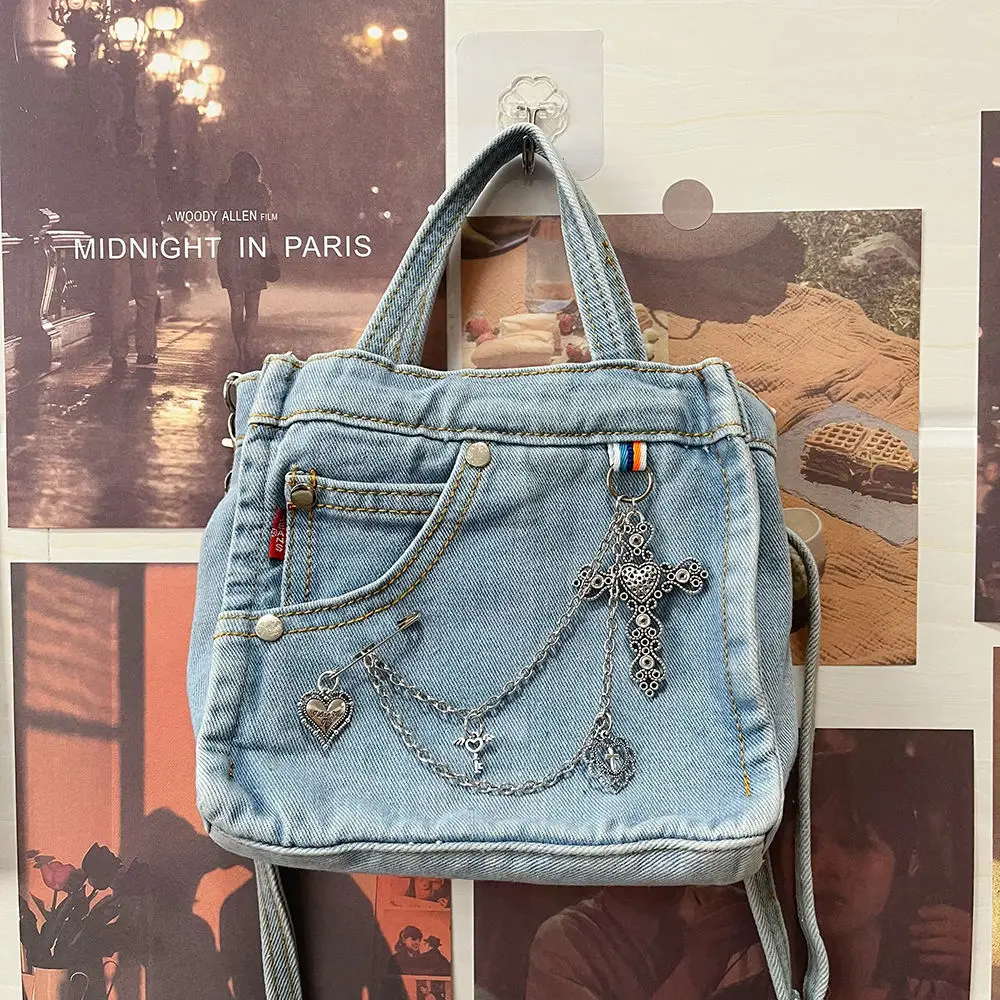 

Richme Harajuku Women Bag 2022 Trend Denim Individuality Handbags Female Fashion Y2k Punk Chains Crossbody Shoulder Bolso Mujer
