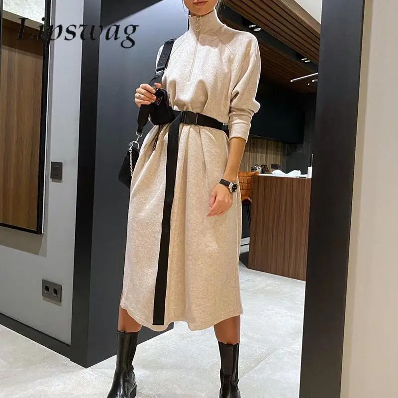 

Casual Stand Collar Zipper Loose Dress Women Fashion Long Sleeve Belt Pullover Dress Autumn Winter Solid Slit Sweatshirt Dresses