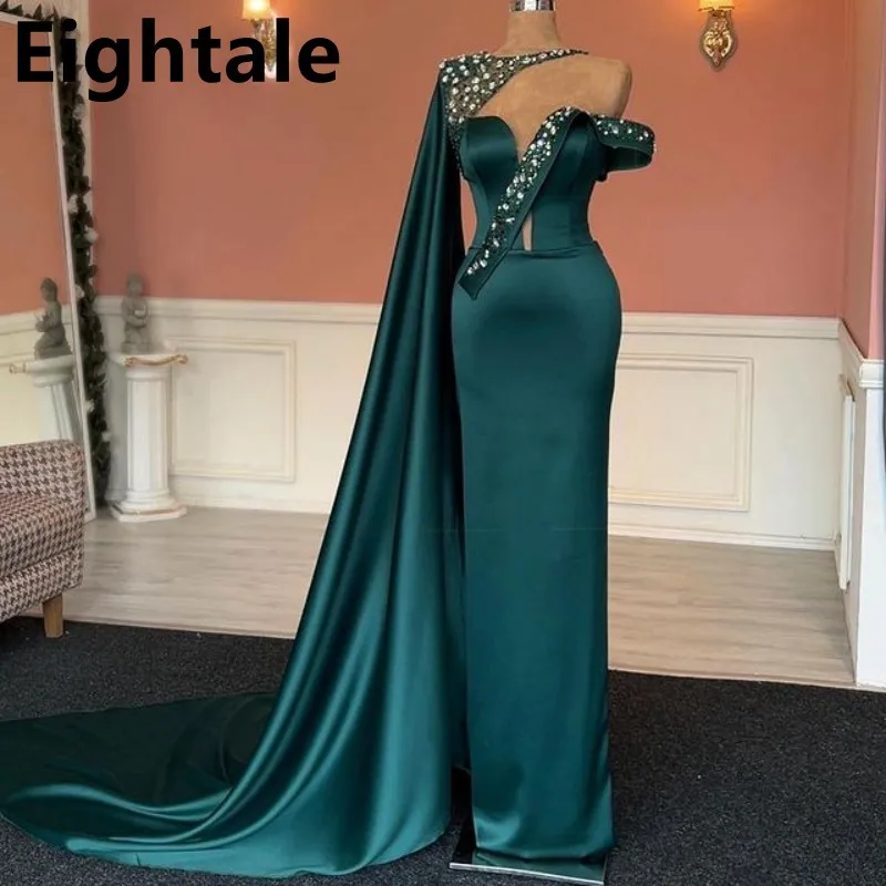

Eightale Dark Green Prom Dresses 2023 One Shoulder Cap Sleeve Party Gowns Crystals Beaded Customized Floor Length Evening Gown
