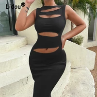 sexy fashion slim corset solid color hip skirt 2022 women summer round neck hollow out hole backless knitting sleeveless dress