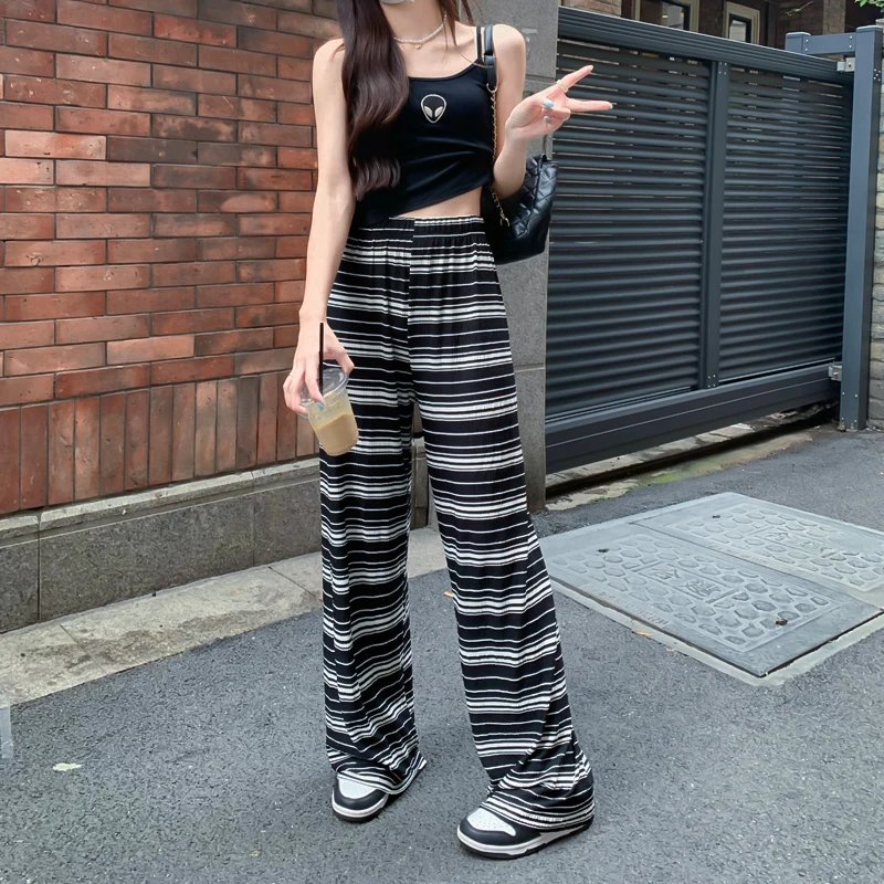 

Women's New Retro High Waist Thin Section Temperament Versatile Contrast Stripe Texture Muscle Drooping Wide Leg Mopping Pants