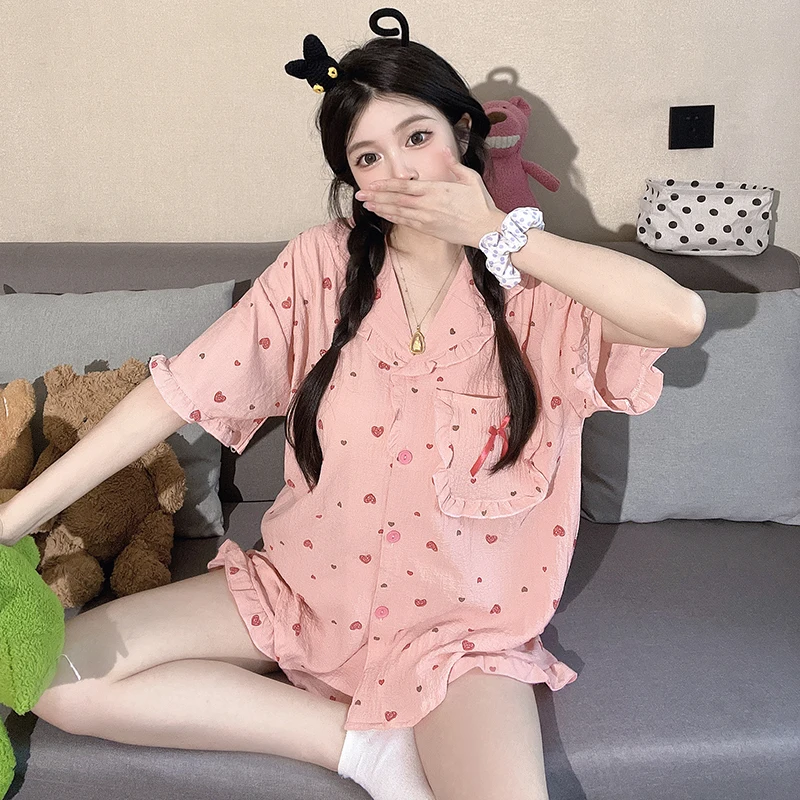 

Summer Short Sleeve Women Cardigan Pajamas Set Pink Love Print Sleepwear Shorts 2 Piece Nightwear Suit Lapel Cotton Pyjamas Set