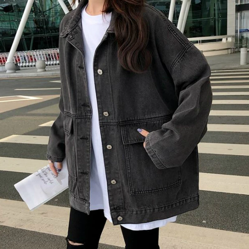 

Denim Jackets Women Solid Pockets Turn-down Collar Leisure Chic Daily Outwear Coats All-match Streetwear BF Retro Harajuku New