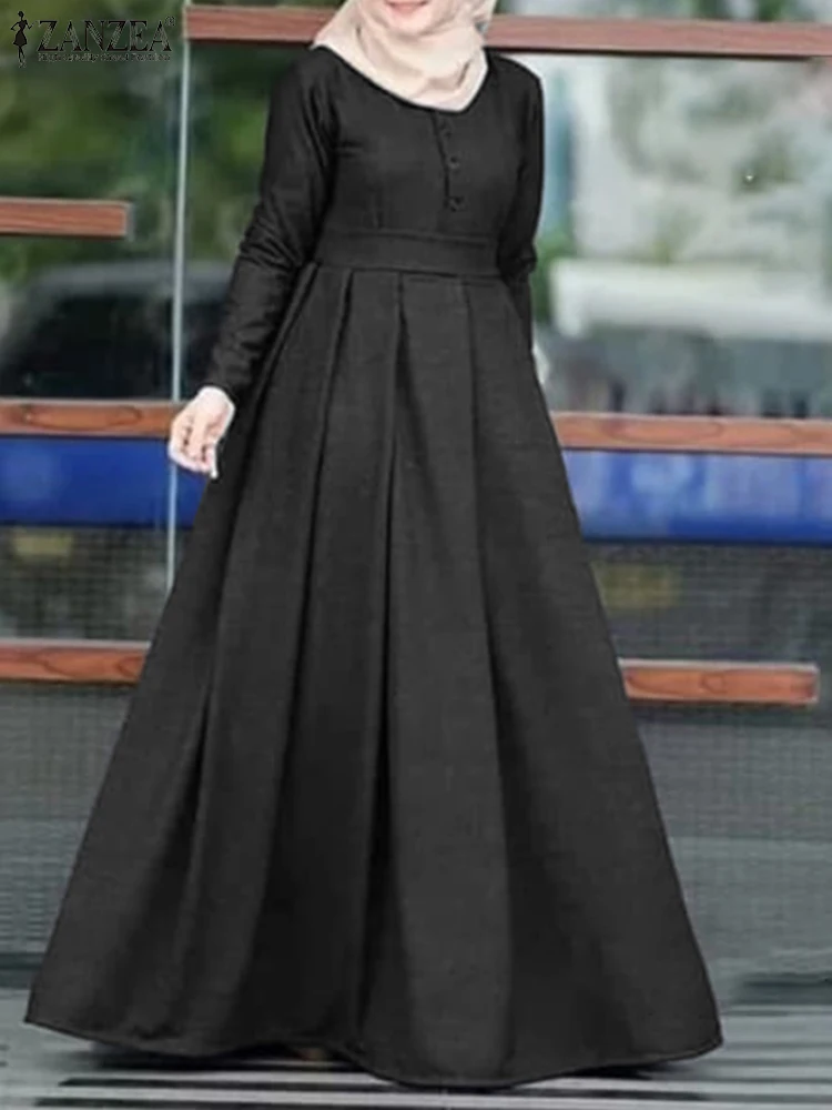 

Elegant Women Maxi Long Dress ZANZEA 2022 Robe Femme Solid Muslim Abaya Vestido Ramadan Autumn Long Sleeve Kaftan Sundress