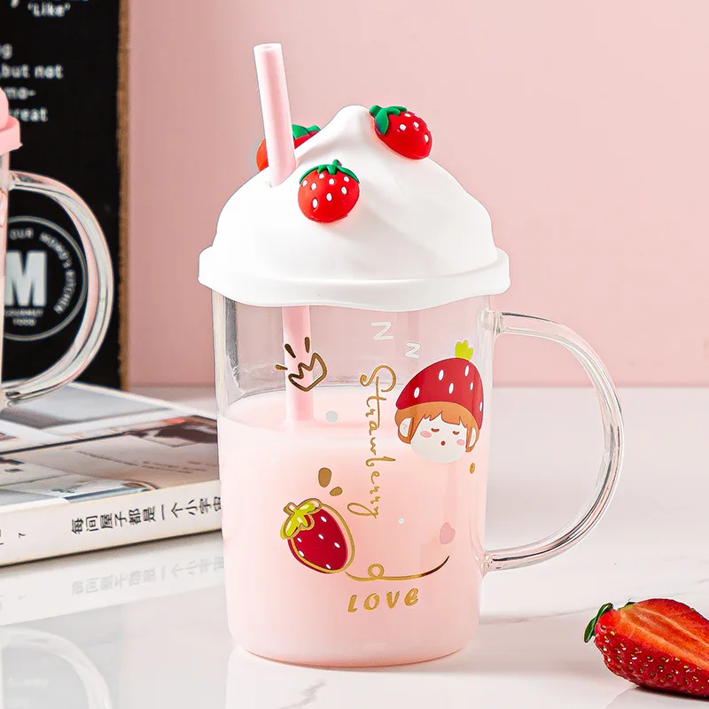 

Cartoon Strawberry Glass Sippy Cup High Temperature Resistance Milk Drinkware Coffee Mug Kawaii Summer Kids Juice Water Bottle