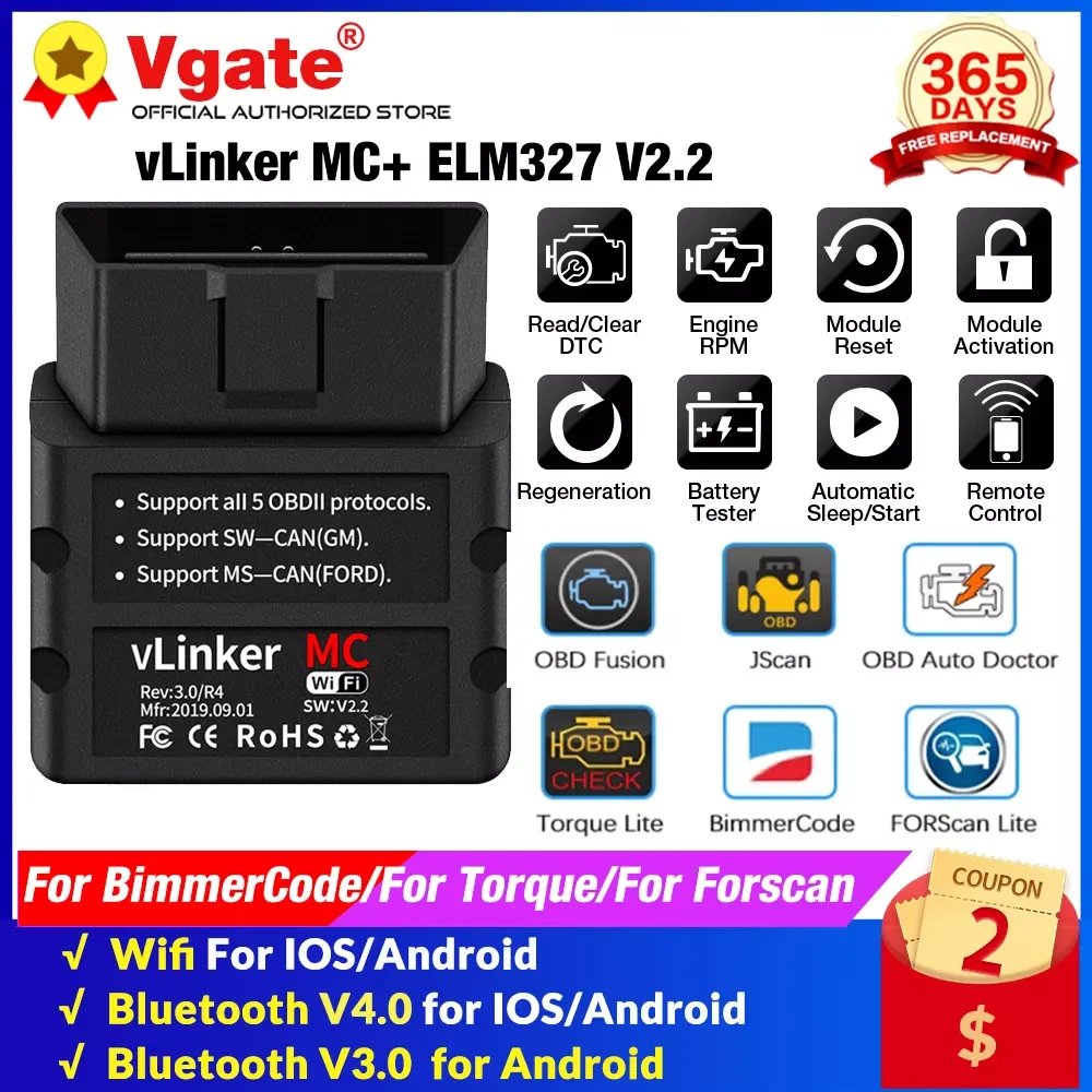 

Vgate vLinker MC+ ELM327 V2.2 WIFI OBD2 Scanner Bluetooth-Compatible ICAR PRO 4.0 ELM 327 For Android/IOS car Diagnostic Tools