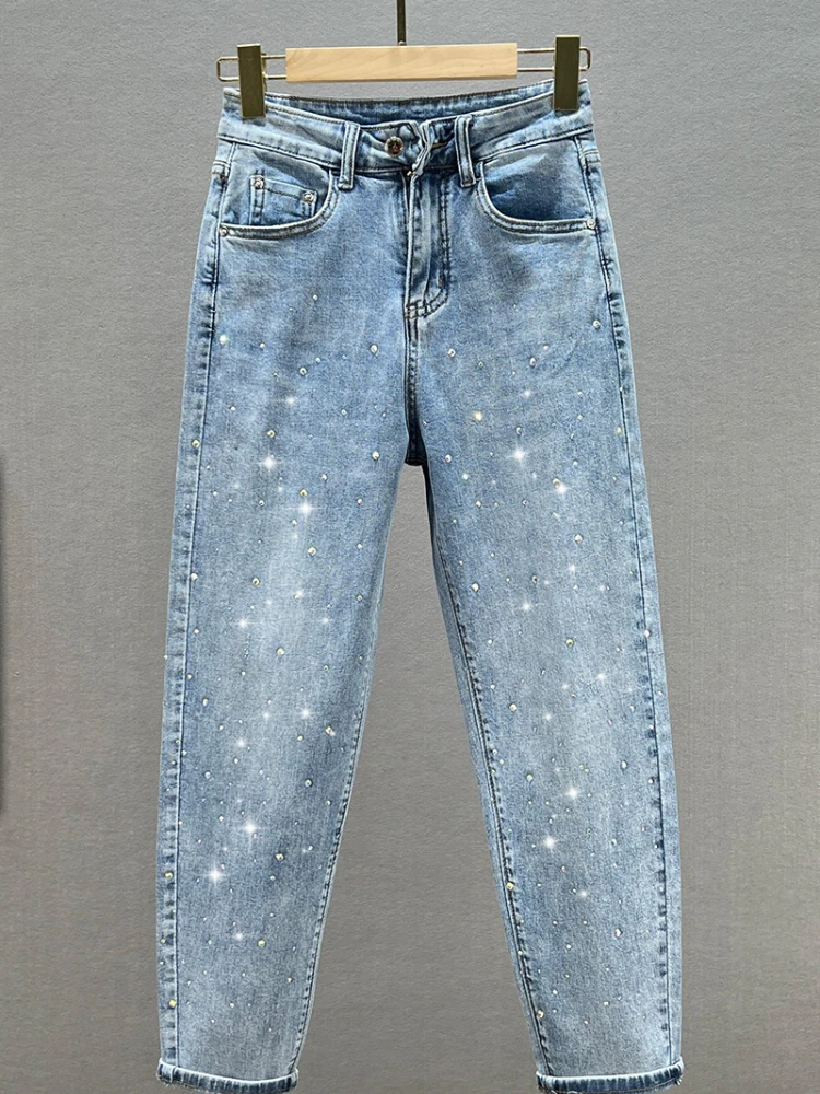 Girls Jeans 2022 Spring New High Waist Loose Hot Drilling Harem Pants Ankle-Length Jeans Female Denim Pants Students Jean Pants