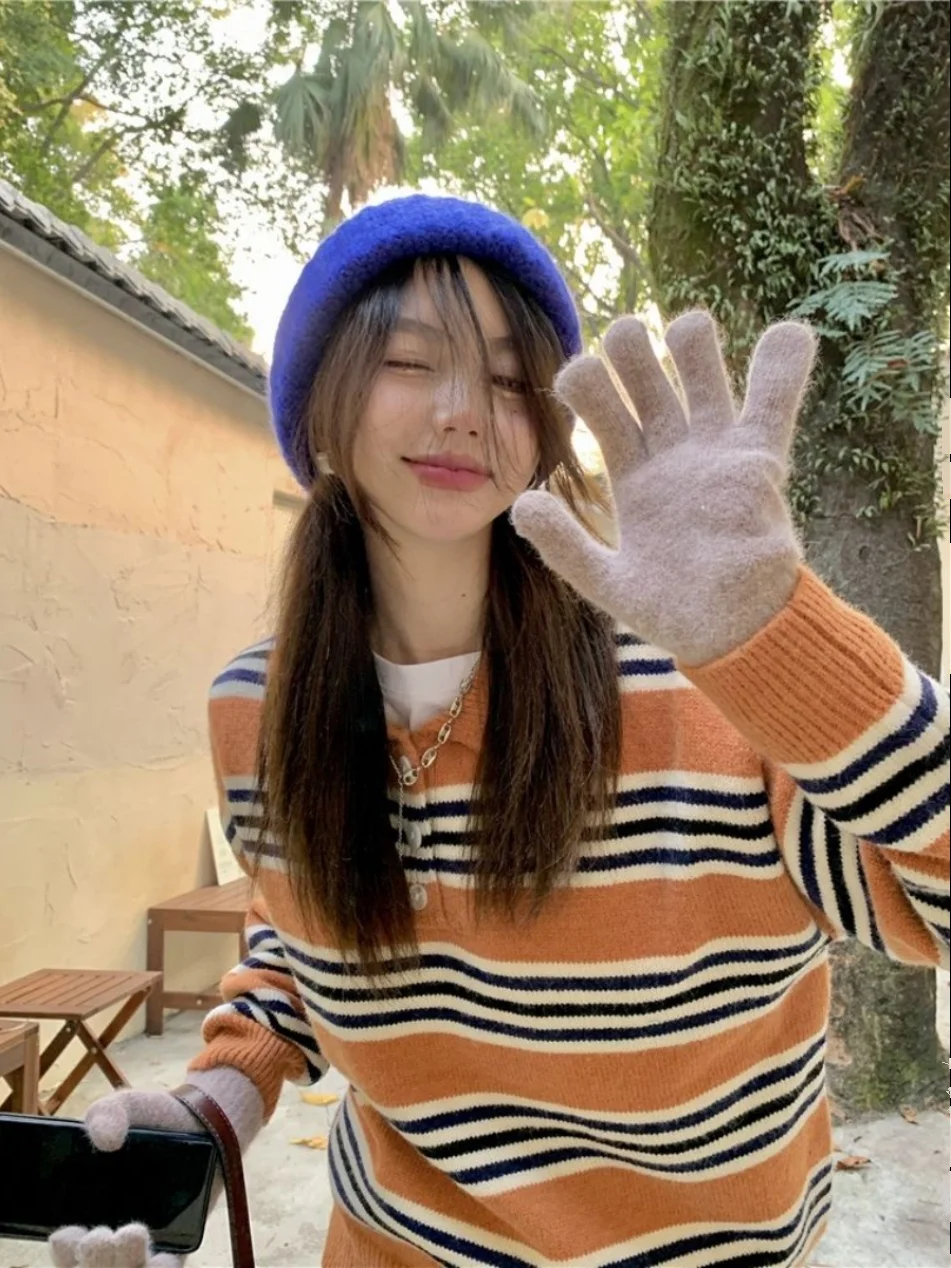 Свитер в полоску с воротником-поло стиле ретро женский осенне-зимний новый