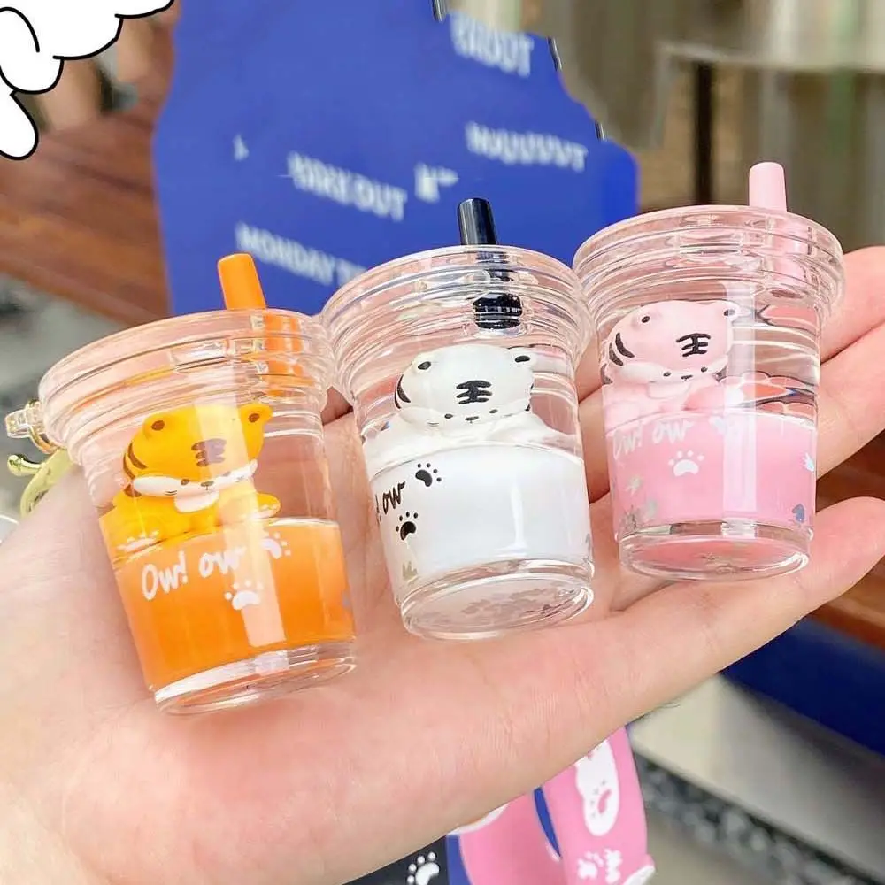 

New Cartoon Tiger Keychain Mini Milk Tea Cup Liquid Crystal Quicksand Key Ring Bag Pendant for Women