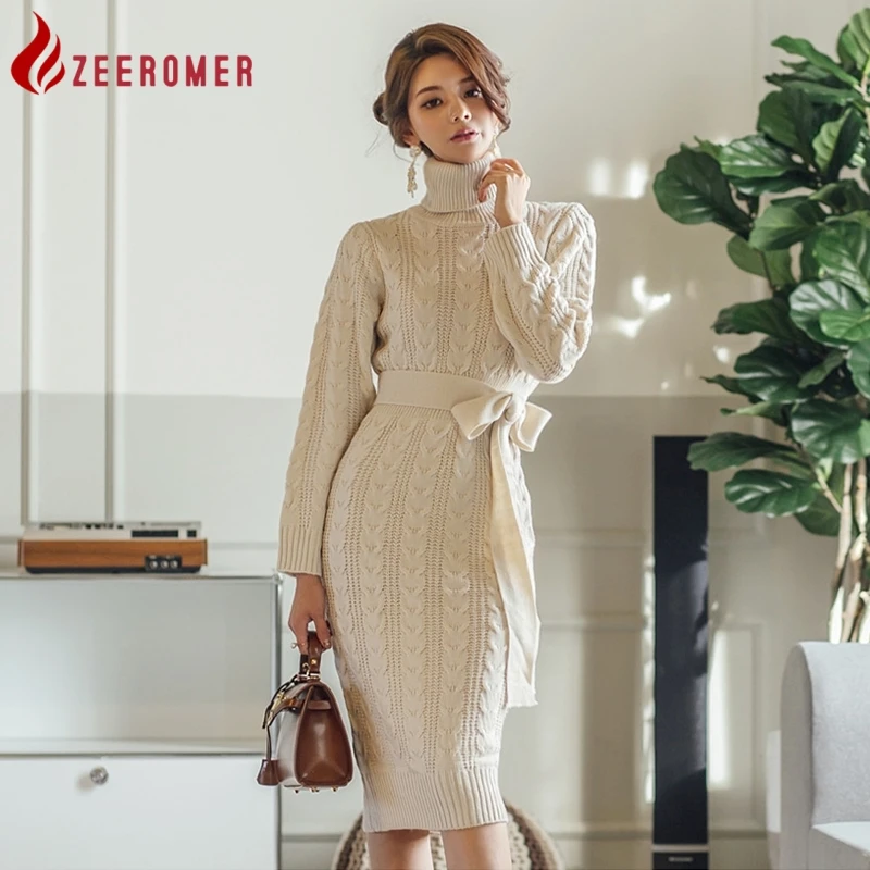 

Женское трикотажное платье-свитер средней длины, облегающее трикотажное платье-водолазка со шнуровкой и длинным рукавом, Осень-зима 2023