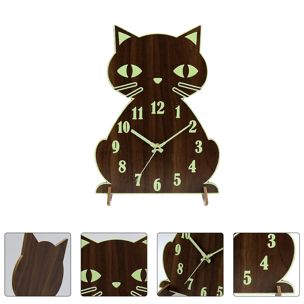 

Clock Wall Cat Silent Desktop Clocks Luminous Small Hanging Wooden Kitchen Light Night Woodhomedark Ticking Nonglow Shaped