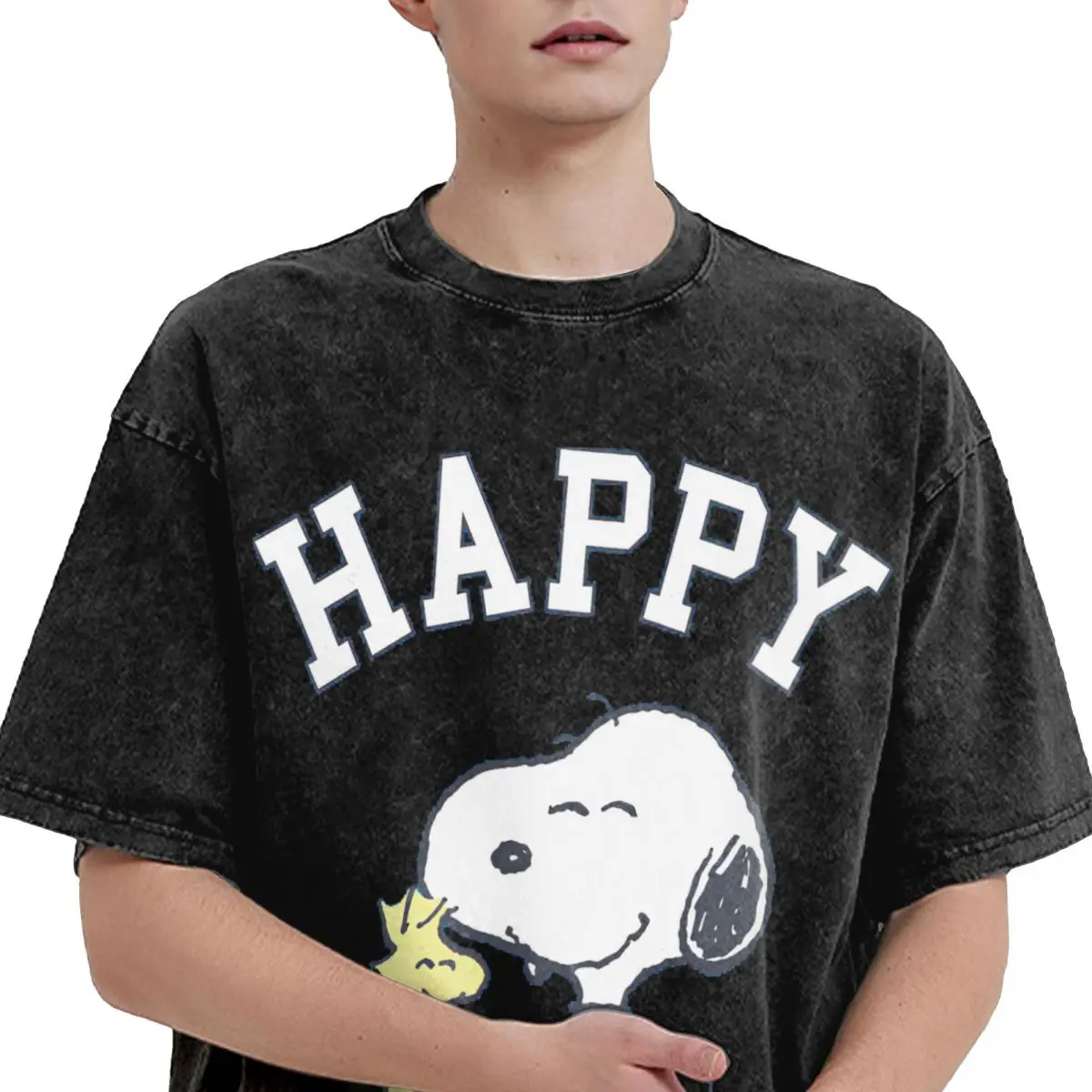 Мужская стираная футболка Happy Snoppy базовые хлопковые футболки Y2K летняя с круглым