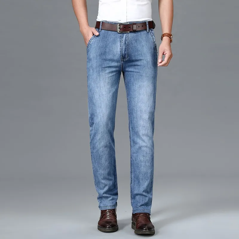 

2022 New Mens Brand Jeans Fashion Men Casual Slim Fit Straight High Stretch Feet Jeans Men Blue Hot Sell Male Trousers