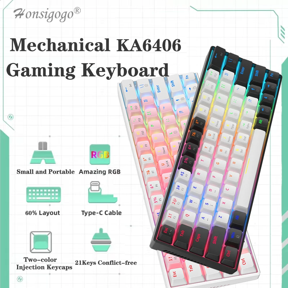

Мини Проводная Механическая игровая клавиатура со съемным кабелем, 64 клавиши, портативная RGB клавиатура с подсветкой и красным переключателем, пользовательские клавиши, 60% ПК, USB-клавиатуры