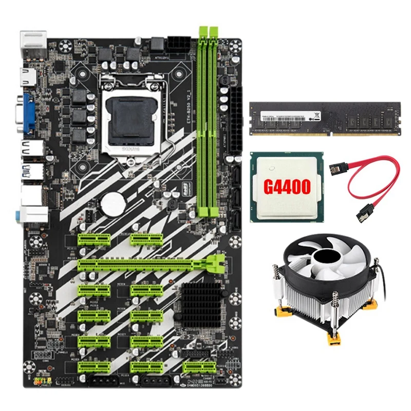 

B250 BTC Mining Motherboard with 4400CPU+8G DDR4 RAM+Fan+SATA Cable 12 PCI-E Slots LGA1151 DDR4 RAM SATA3.0 USB3.0