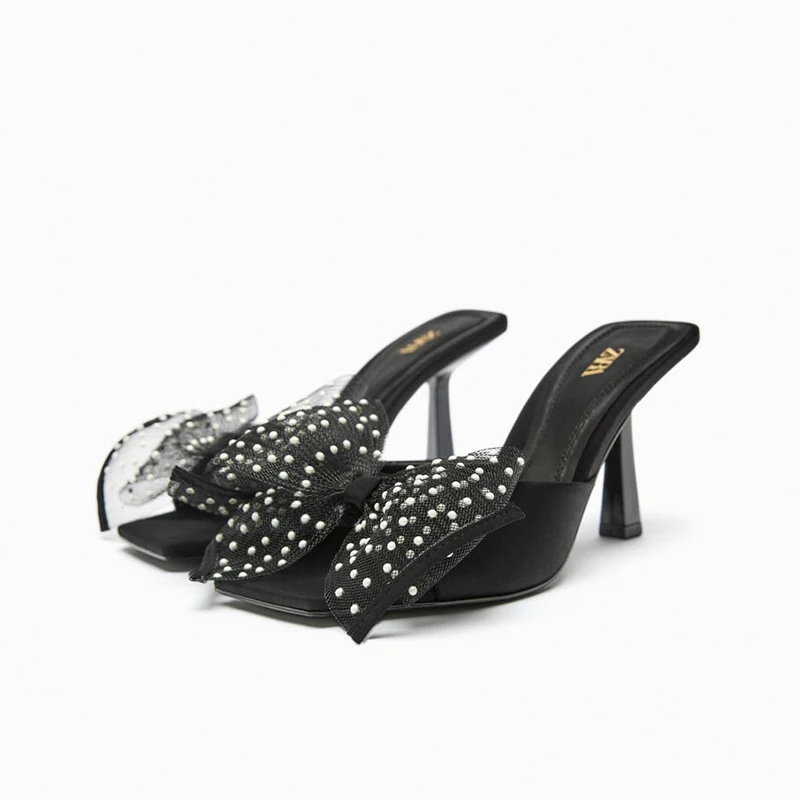 

2023 Summer New Women's Shoes Black Bow Pearl Decorated High Heels Female Fine with Square Head Open Toe Sandals Mueller Shoes