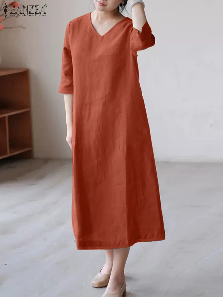 

Модель 2023 года, винтажный летний сарафан ZANZEA с V-образным вырезом и рукавом 3/4, женское повседневное свободное платье, кафтан, однотонное платье до середины икры, женское платье