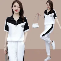 2022 summer new fashion white sets women zipper t shirt and sports pant sets female temperament two piece suit elegant black
