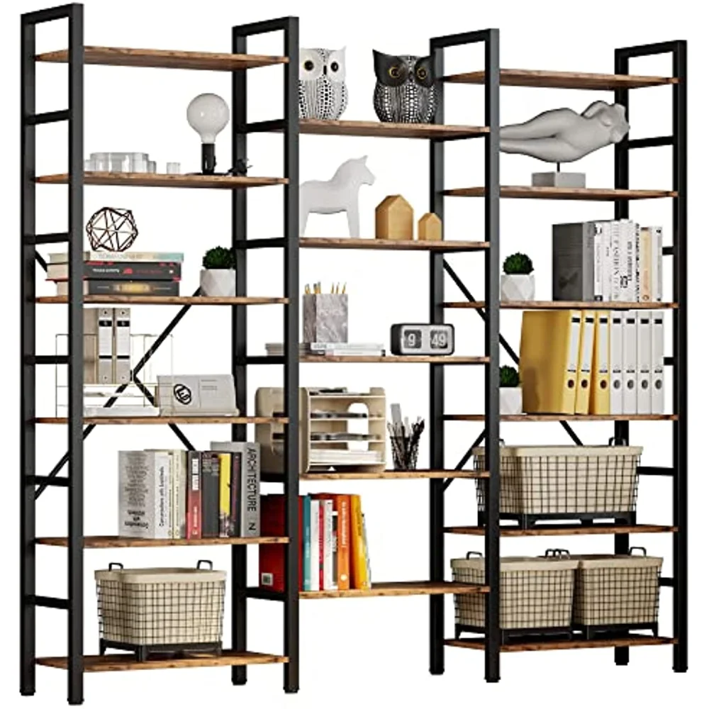 

Bookcases and Bookshelves Triple Wide 6 Tiers Industrial Bookshelf, Large Etagere Bookshelf Open Display Shelves with Metal Fram