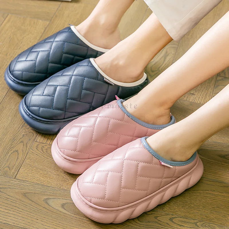 Leather House Slippers for Women Solid Gingham Thick Sole Shoes for Women Indoor Slippers Warm Plush Female Home Slippers Unisex