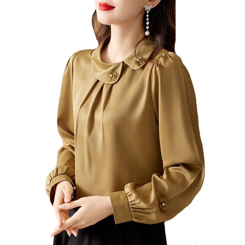 

M-4XL Elegant Fashion Women Clothing 2023 Autumn New Long Sleeve Pullovers Tops Fashion Satin Blouse Shirt Blusa