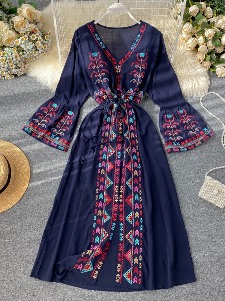 Summer Women's Dress Heavy Industry Embroidery V-neck Drawstring Trumpet Sleeves Ethnic Style Thin Waist Long Dresses LL040