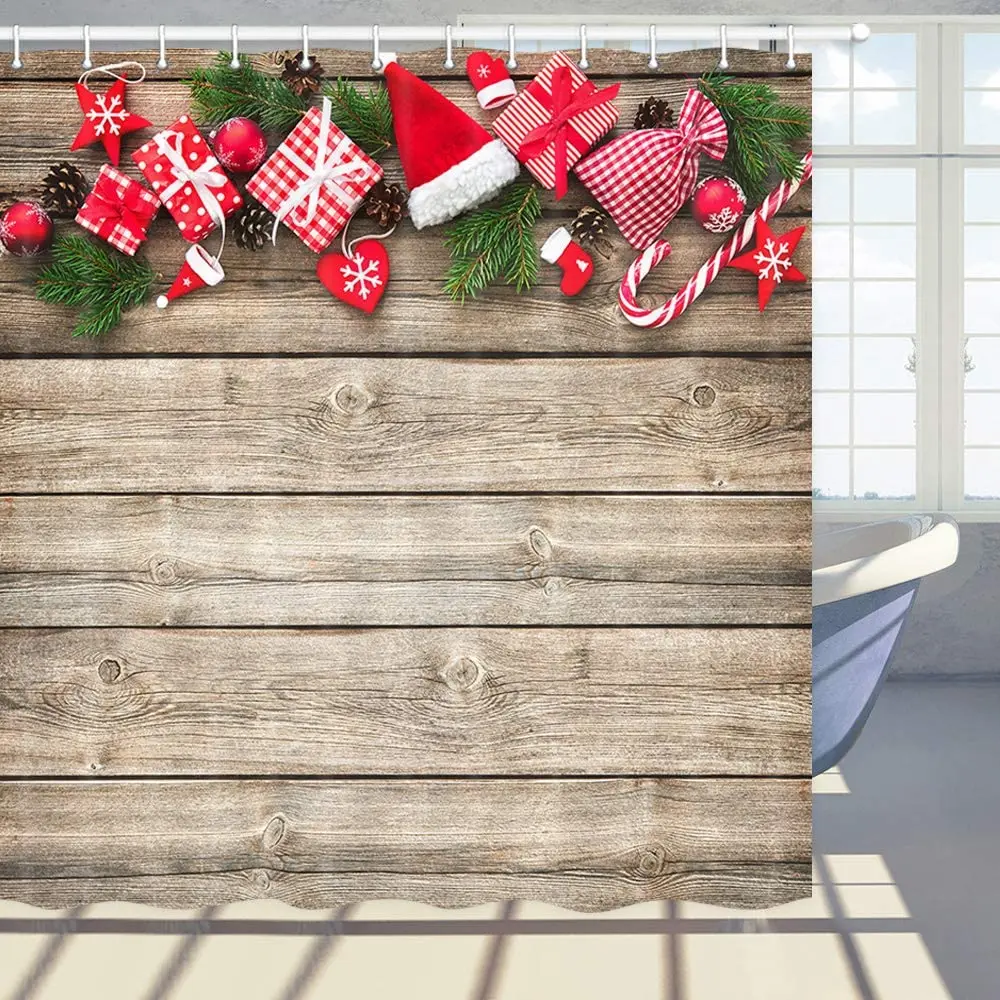 

Christmas Shower Curtain Baubles Ornaments Pine Tree Twig Wooden Boards Bathroom Polyester Fabric Bath Curtains with Hooks