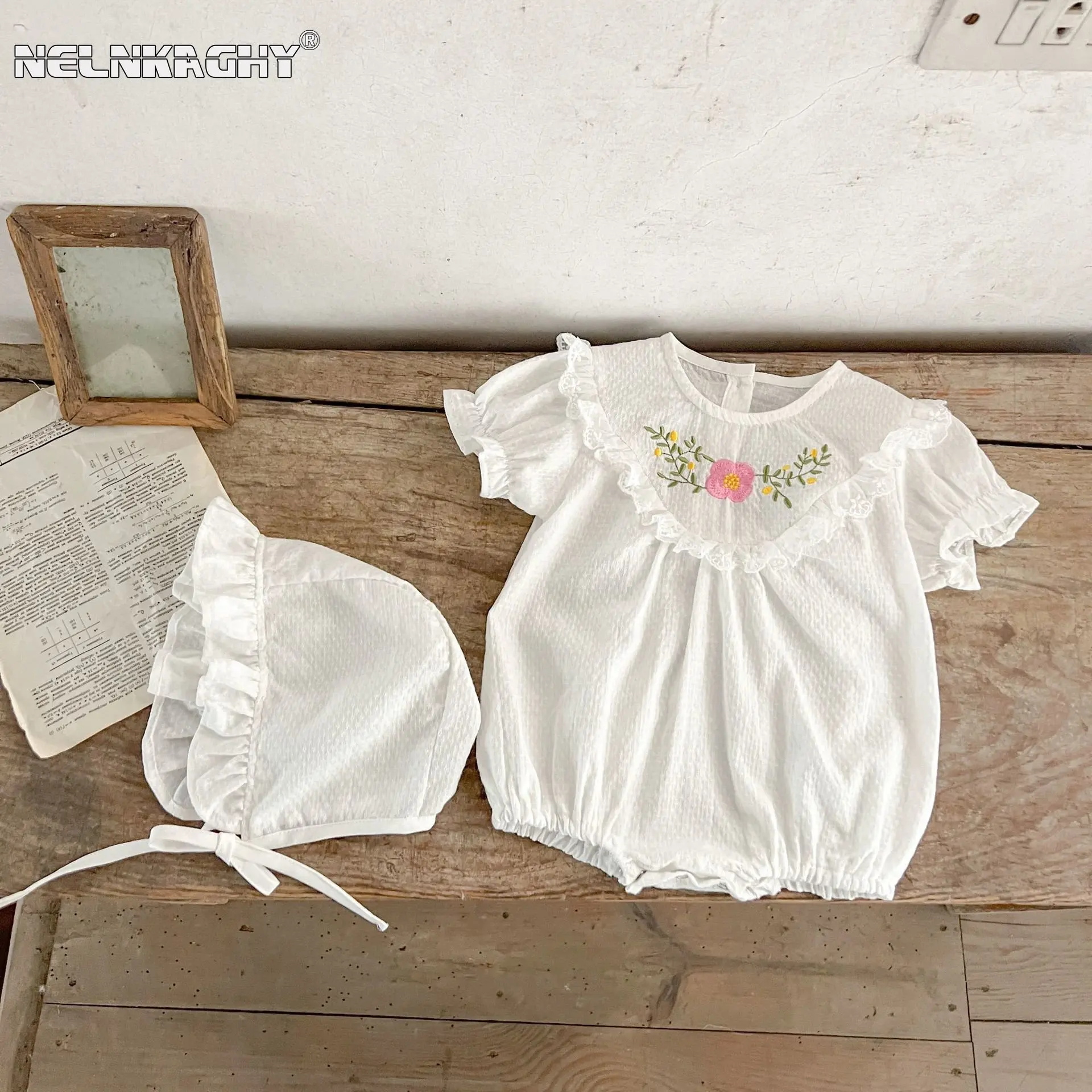 Summer Infant Girls Short Sleeve O-neck Embroidery Flower Outfits Kids Baby Pure Cotton Bodysuits Gift Hat Newborn Clothing