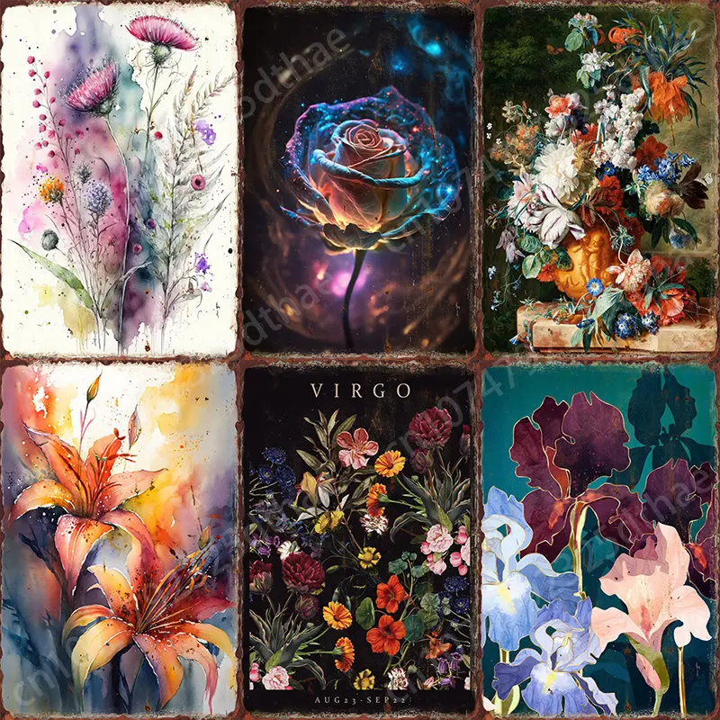 

Flower Decorative Plaque Tin Metal Sign Cinema Cafe Bar Art Decoration Retro Poster Board Modern Home Living Room Wall Decor