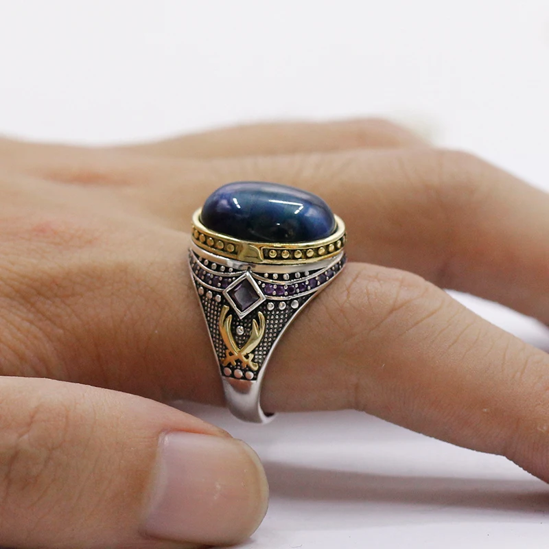 Серебряное кольцо S925 с голубым тигровым глазом для мужчин резные дизайнерские