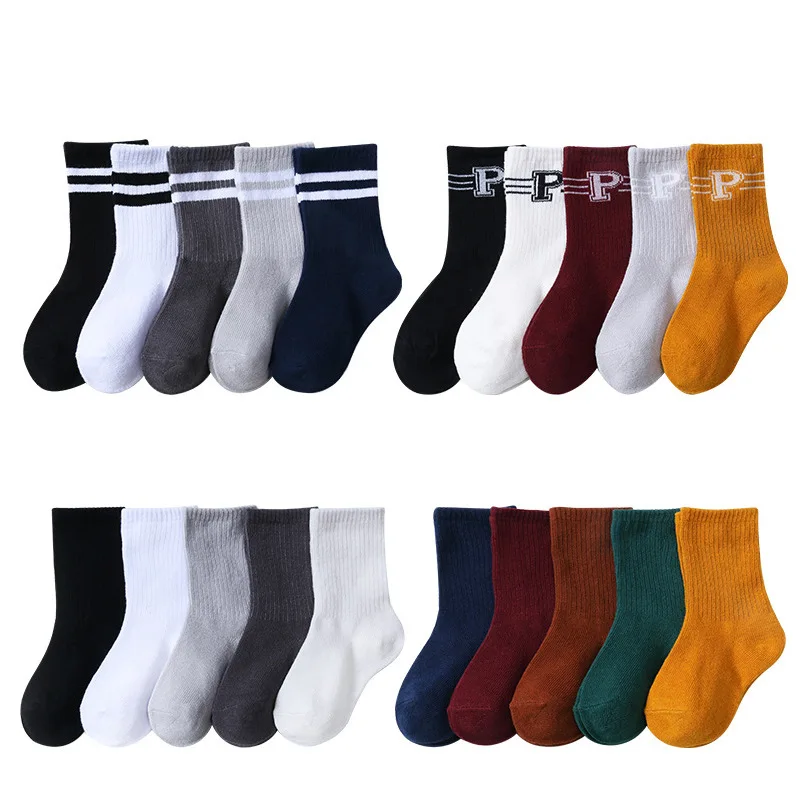 5 Pairs/Lot Autumn Winter High Elastic Simple Children Socks Korean Cotton Stripes Solid Color Alphabet Boys Girls Socks