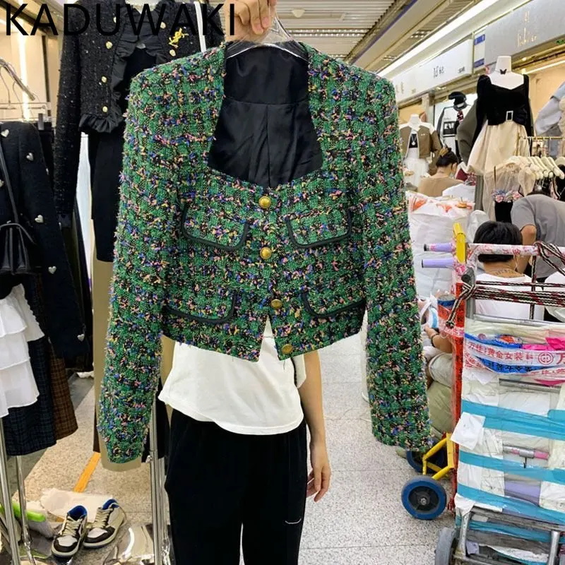 

E GIRLS Autumn Winter 2023 Sqaure Neck Tweed Jacket Women Vintage Elegant Small Fragrant Short Coat French Style Chic Fashion To