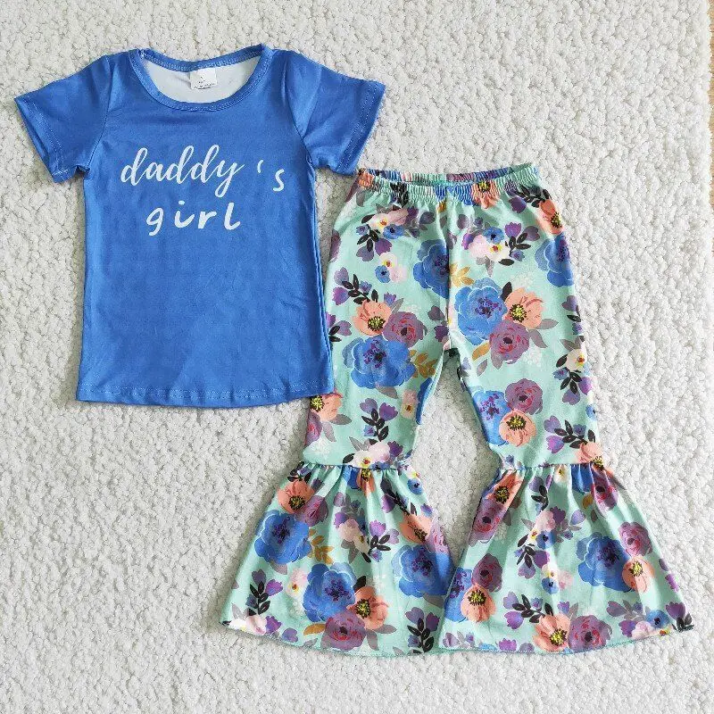 

RTS Boutique Baby Girl Clothes Blue daddy Short Sleeve Tee Shirt Floral Bell Pants Sets Kids Wear