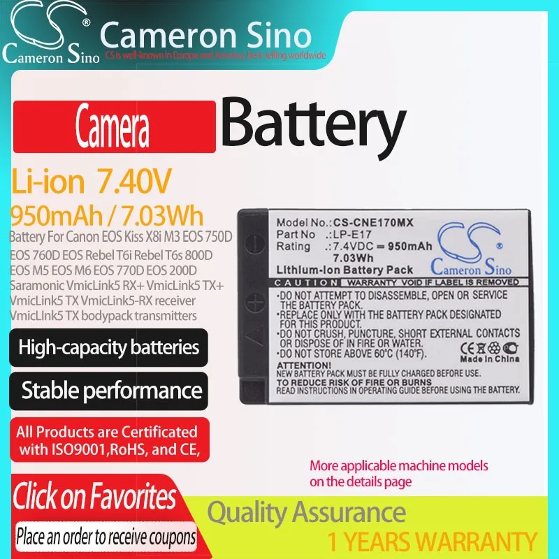 

CS Camera Battery for Canon EOS Kiss X8i M3 750D 760D EOS Rebel T6i Saramonic VmicLink5 RX+ Fits Canon LP-E17 950mAh / 7.03Wh