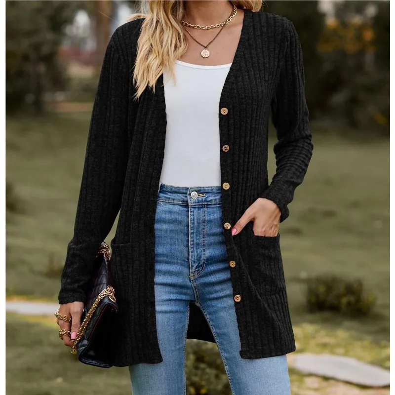 

Spring and Autumn Women's Top Solid V-neck Button Long Sleeve Women's Cardigan Coat
