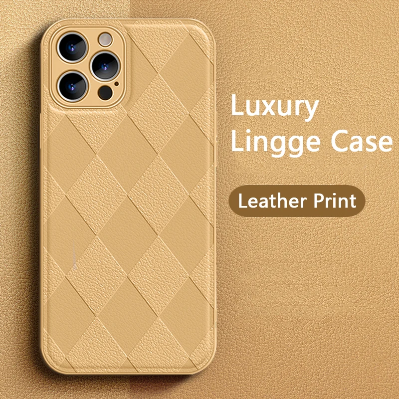 

Luxury Embossed Lingge Soft Leather Protection Case for iPhone 13 12 11 Pro Max Mini XS Max X XR 7 8 Plus Full Back Cover