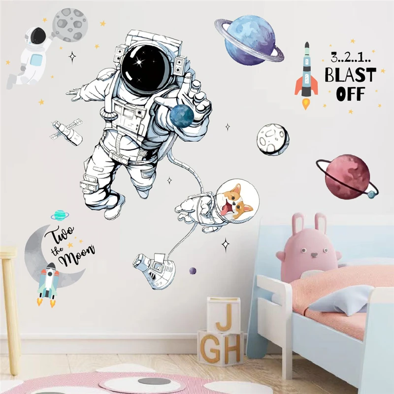 

Cartoon Spaceman Dog Exploring Cosmos Wall Stickers For Kids Bedroom Home Decoration Diy Planet Star Mural Art Pvc Decals Poster