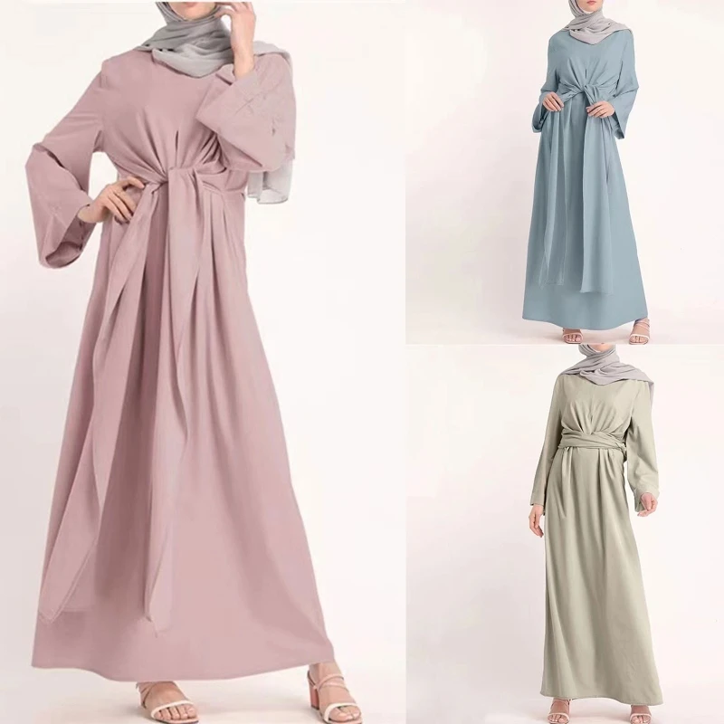 

Womens Middle East Arabic Abaya Lace-Up Tie Knot Waist Muslim Flowy Maxi Dress Flare Long Sleeve Kaftan Robe Islamic Evening