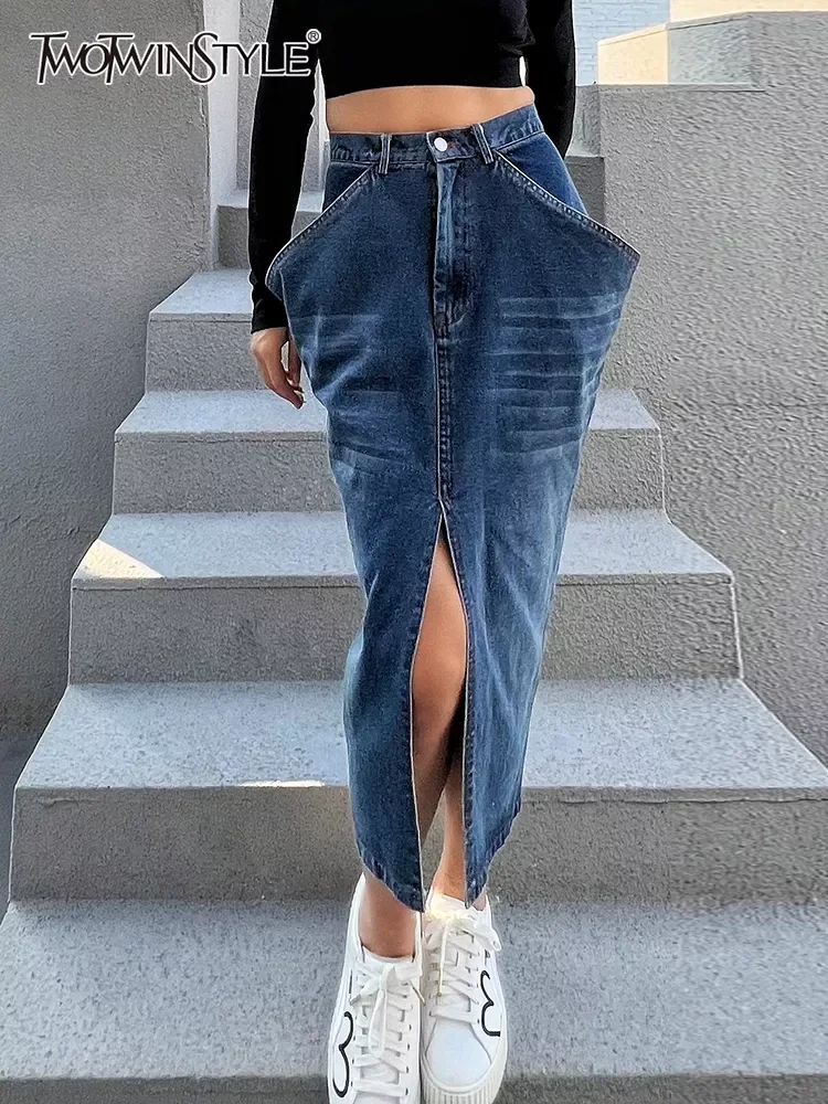 

TWOTWINSTYLE Blue Denim Skirt For Women High Waist Straight Split Solid Streetwear Midi Skirts Female Fashion Clothing New 2022