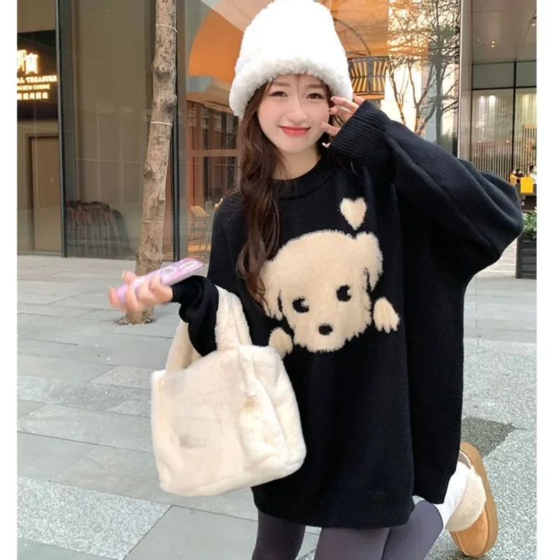 Y2K свитера с круглым вырезом черные пуловеры мультяшным принтом собаки вязаные в